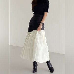 Asymmetric Patchwork Faux Leather Chiffon Pleated Maxi Skirt